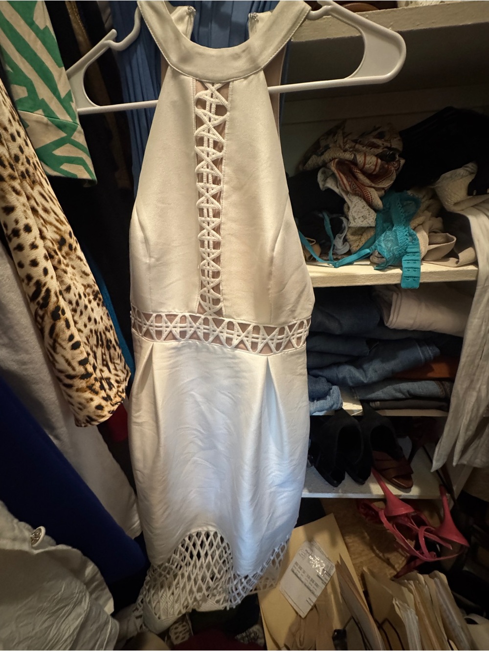 Ivanka Trump White Halter Midi Dress with Lattice Insets